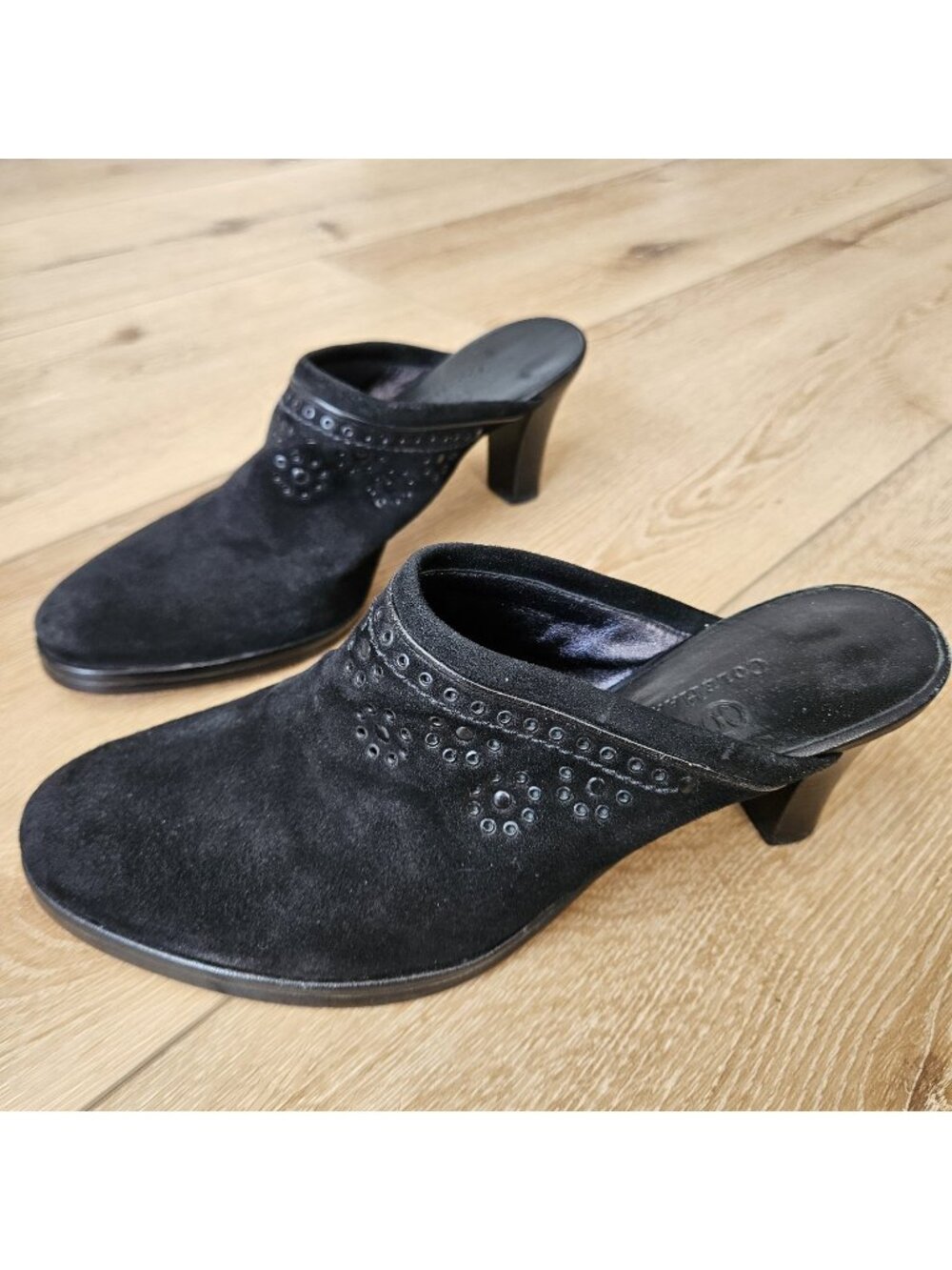 Cole Haan Black Suede Mules Clogs Black Leather Size 8 B Stud Grommet Slip Heels